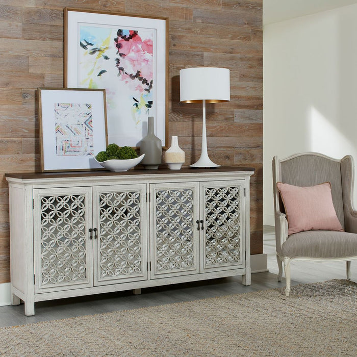 Liberty Furniture Westridge 4 Door Accent Cabinet in Wire Brushed Gray and White