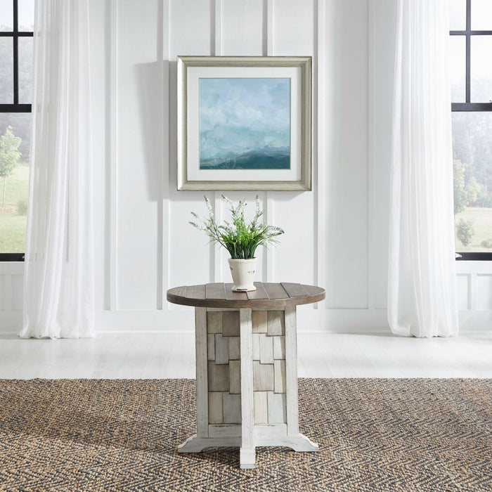 Liberty Furniture River Place Round Chairside Table in Riverstone White & Tobacco