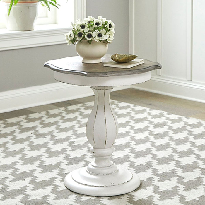 Liberty Furniture Magnolia Manor Round Accent Table in Antique White Base w/ Weathered Bark Tops