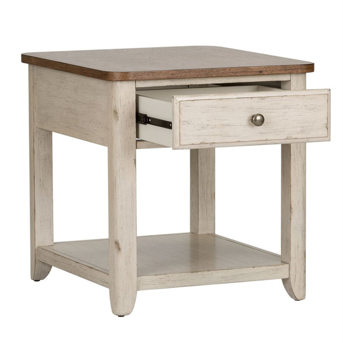 Liberty Farmhouse Reimagined End Table with Basket in Antique White