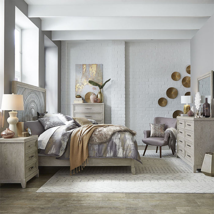 Liberty Furniture Belmar Queen Panel Bed in Washed Taupe and Silver Champagne