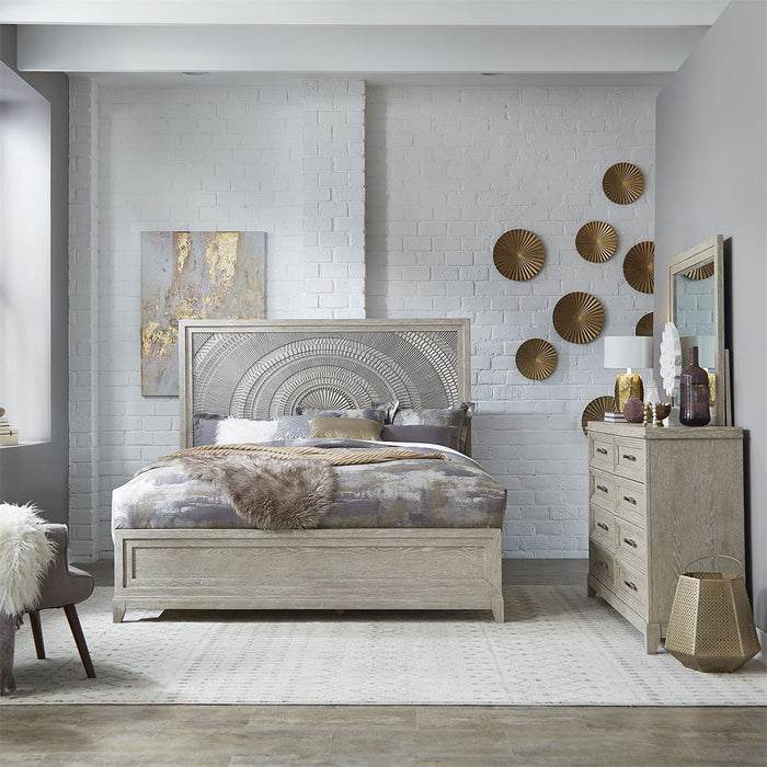 Liberty Furniture Belmar Cal King Panel Bed in Washed Taupe and Silver Champagne