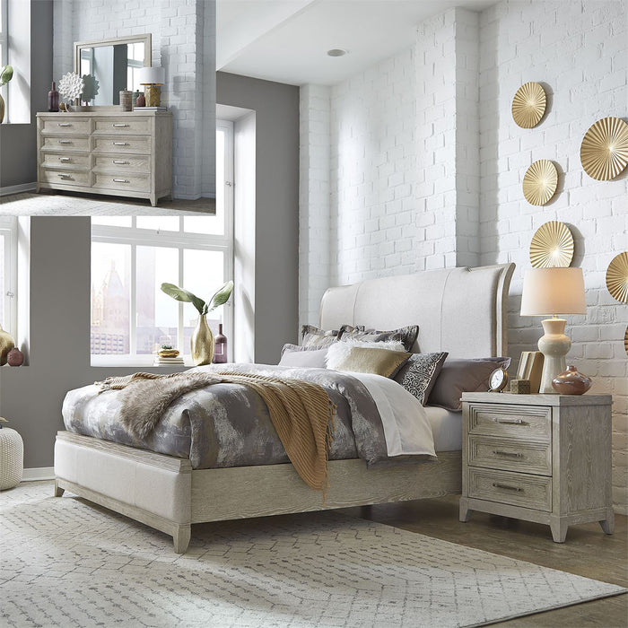 Liberty Furniture Belmar Queen Upholstered Sleigh Bed in Washed Taupe and Silver Champagne