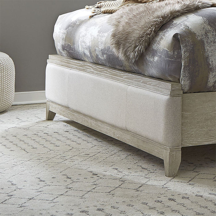 Liberty Furniture Belmar Cal King Upholstered Sleigh Bed in Washed Taupe and Silver Champagne 902-BR-KUB
