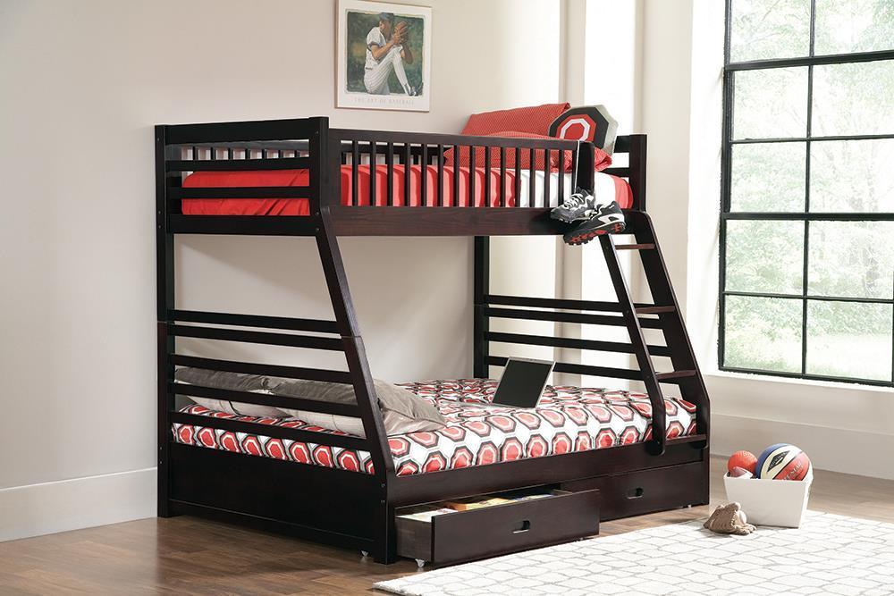 Ashton Twin Over Full 2-drawer Bunk Bed Cappuccino, White, Navy, Honey, & Brown