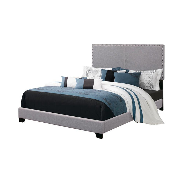 Boyd California King, King, & Queen Upholstered Bed with Nailhead Trim Charcoal & Grey
